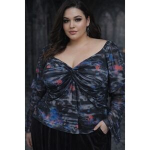 Goth‎ Ruched Mesh Top Puff Sleeve Witchy Dark Academia Plus Size 2X NWT